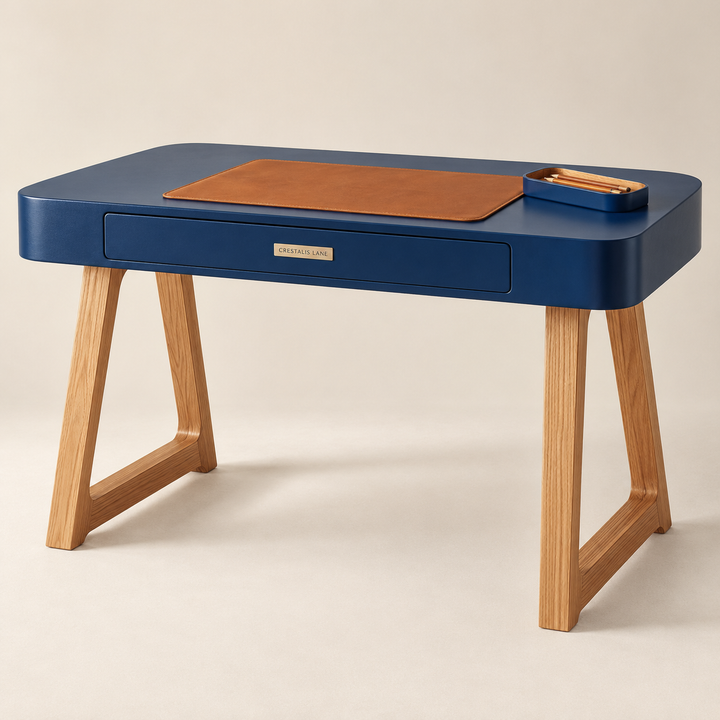 Blue desk with a desk mat and pen tray