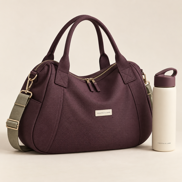 Aubergine travel bag and ivory bottle