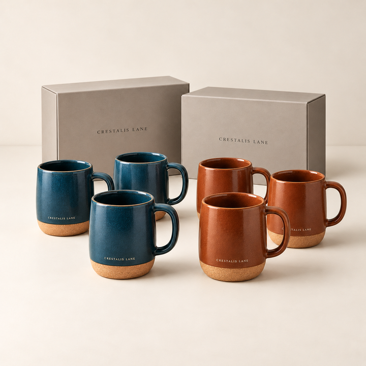 Coordinated blue and cinnamon mugs